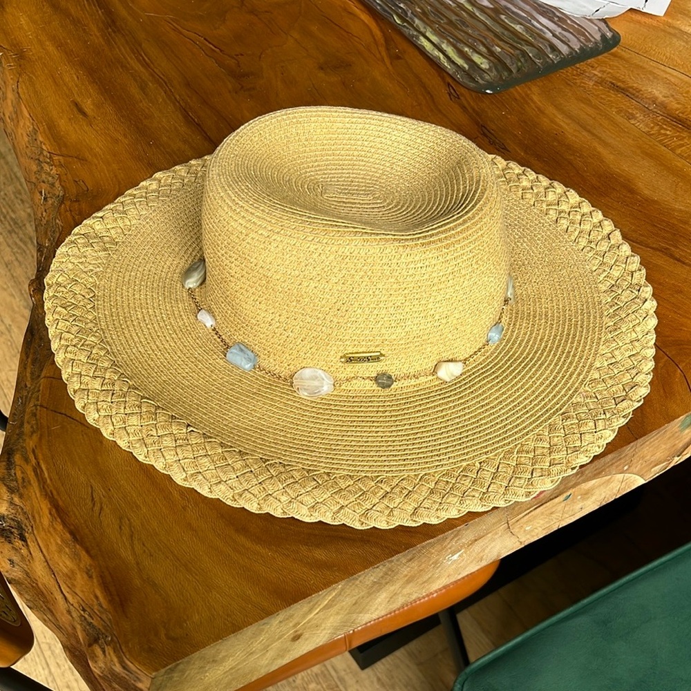 Woven Straw Sun Hat with Bead Trim - Tan